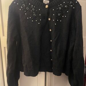 POL Women's Black Cardigan with Pearl Details
